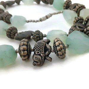 Long Strand Aqua Faceted Glass Beads And Elephant Necklace - Elephant Accent
